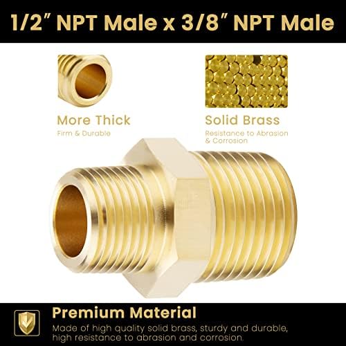 KOOTANS 1/2 NPT x 3/8 NPT Male Solid Brass Hex Nipples,4 PACK