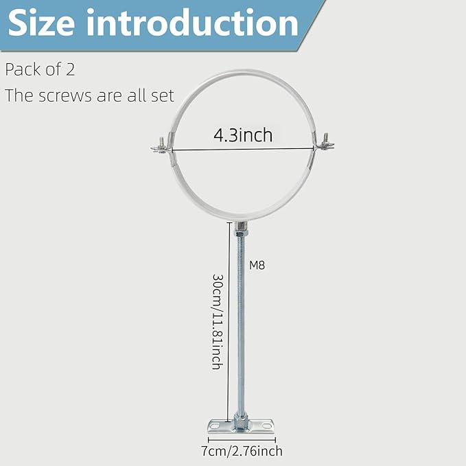 2 Sets Adjustable Pipe Bracket，Heavy Duty Galvanized Iron Stove Pipe Hanger Strap，Wall Support Chimney Pipe Holder，Round Split Ring Vent Conduit Carrier Kit，with All Mounting Screws (4-Inches)