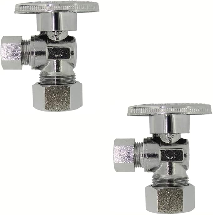 Angle Stop Valve 5/8" OD (1/2" Nominal) Compression x 3/8" OD Compression- Chrome Plated Brass ¼ Turn Angle Valve For Water Pipes, Toilets, Sinks- Lead-FreeWater Shut Off Valve, 2 Pack