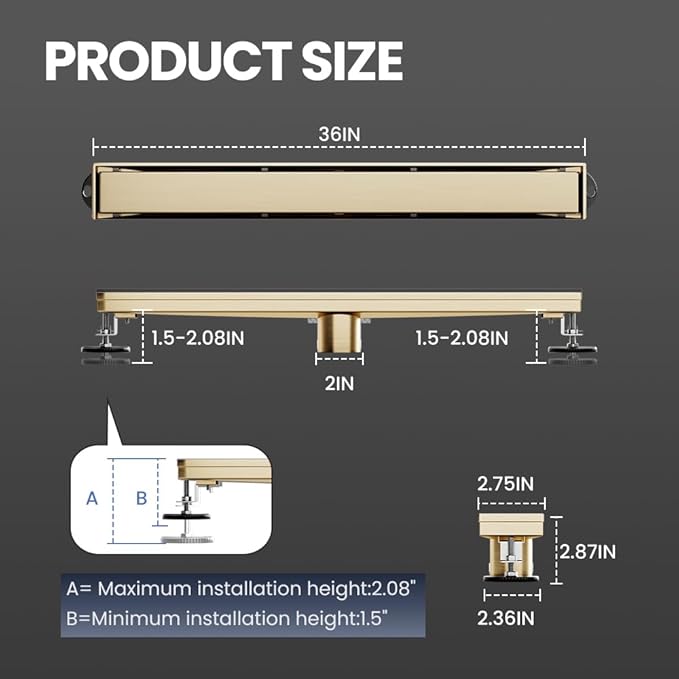 Linear Shower Drain 36 Inch Gold, Shower Drain with 2-in-1 Tile Insert Panel, Brushed AISI 304 Stainless Steel Linear Drain for Fast Drainage, Floor Drain for Bathroom, Kitchen, Garage & More
