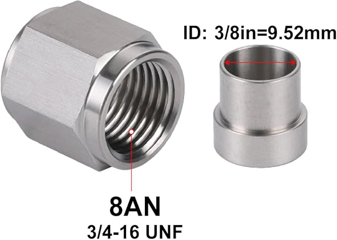 8AN Hardline Stainless Steel Tube Nut and 3/8 Sleeve Fitting for 3/8" OD Tubing, 2 Sets