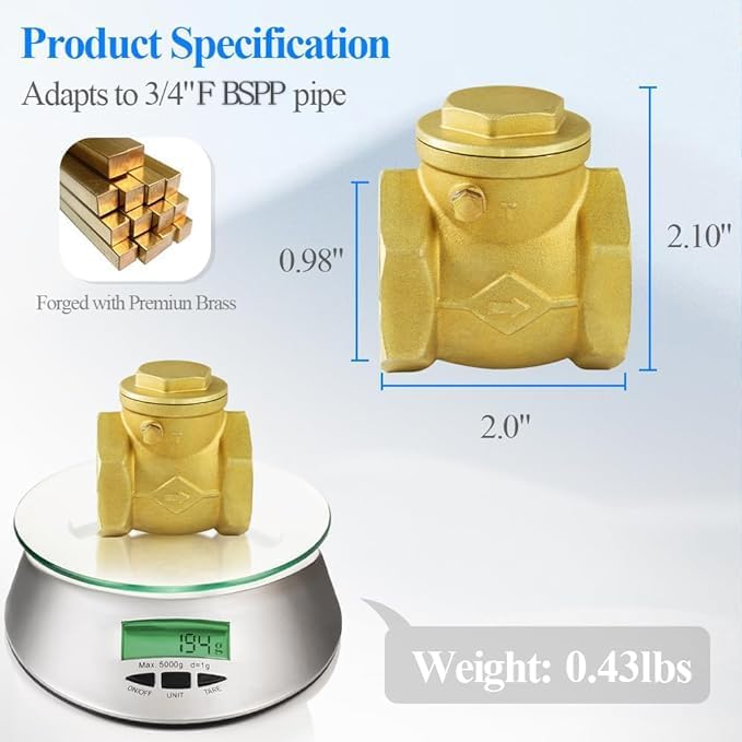 WiseWater 2 Pack 3/4" Brass Swing Check Valve, In-line Check Valve, Horizontal One-Way Non Return Check Valve for Pipe System (DN20)