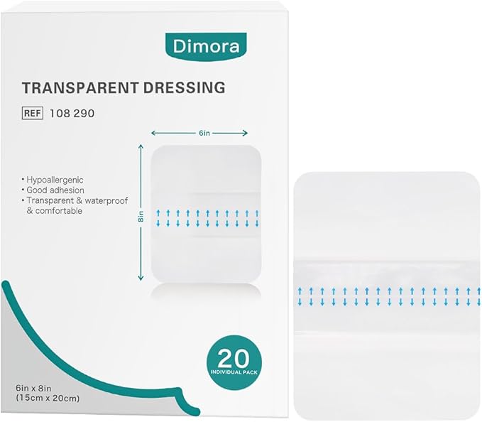 Dimora Transparent Film Dressing 6x8 inch 20 Packs with Hypoallergenic Adhesive, Large Waterproof Wound Bandages Post Surgical for Swimming, Tattoo Aftercare Bandage, IV Shield