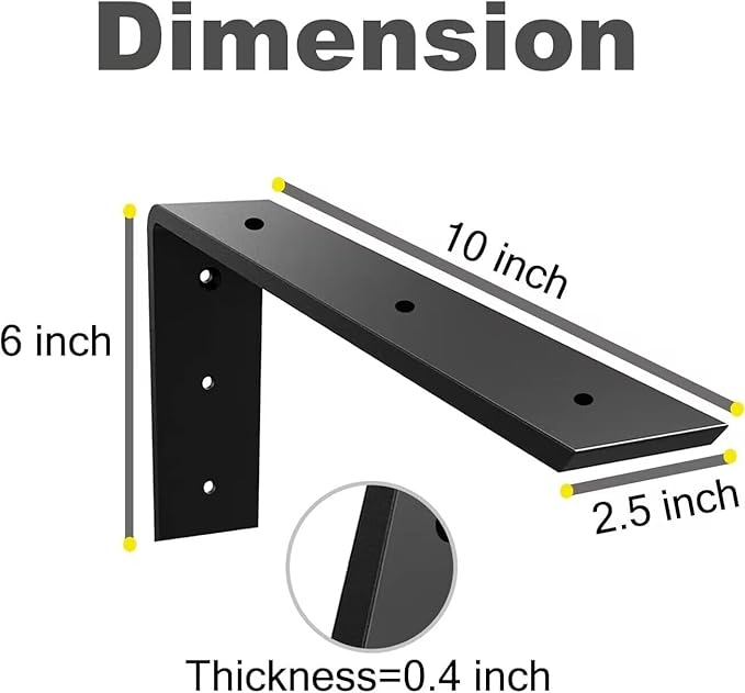 WINKER Countertop Support Bracket 4 Pack Heavy Duty 3/8" Thick Hidden L Shelf Bracket 10" x 6" x 2.5" Metal Corbels for Quartz/Granite/Wood/Concrete/Laminate Countertops, Black