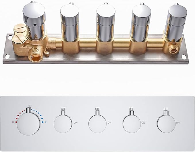 AYIVG Thermostatic 4-Function 4-Outlet Solid Brass Mixer Shower Valve & Trims in Polished Chrome Can Simultaneous Operation, Flows Can Be Controlled, 5 Round Handles