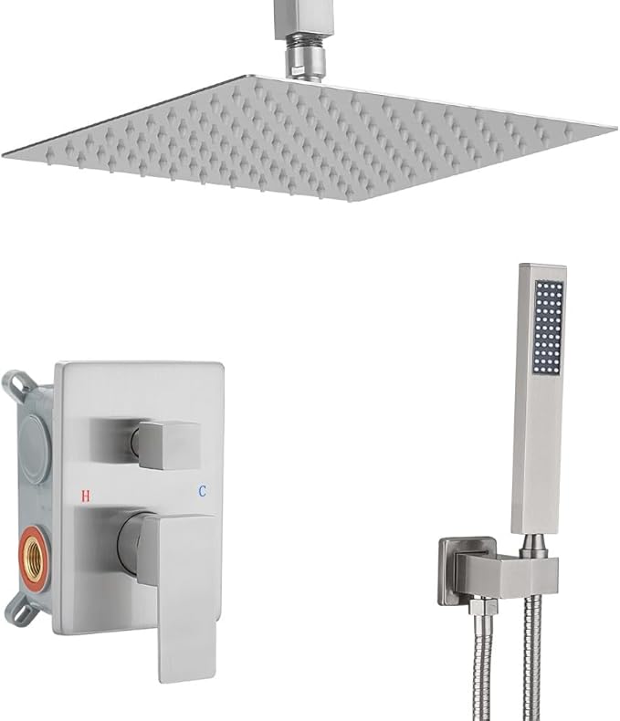10 Inch Ceiling Mounted Shower System Rain Mixer Shower Combo Set Rainfall Shower Head System Brushed Nickel Shower Faucet Rough-in Valve Body and Trim Kit Included