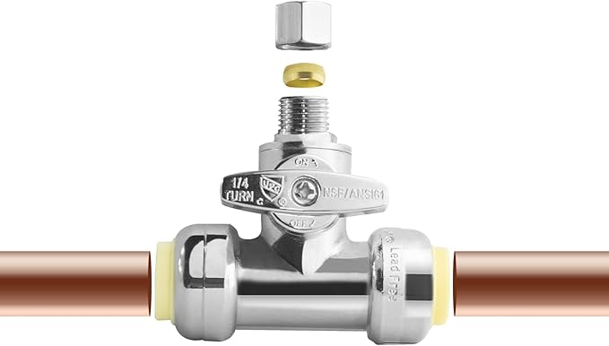 WiseWater 1/2" Push Fit Tee Stop Valve for Refrigerator Ice Maker & Water Filter, 1/2" x 1/2" x 1/4" Double Top Valve, Heavy-Duty Chrome Plated Brass Shut Off Valve, NSF Certified (2 Pack)