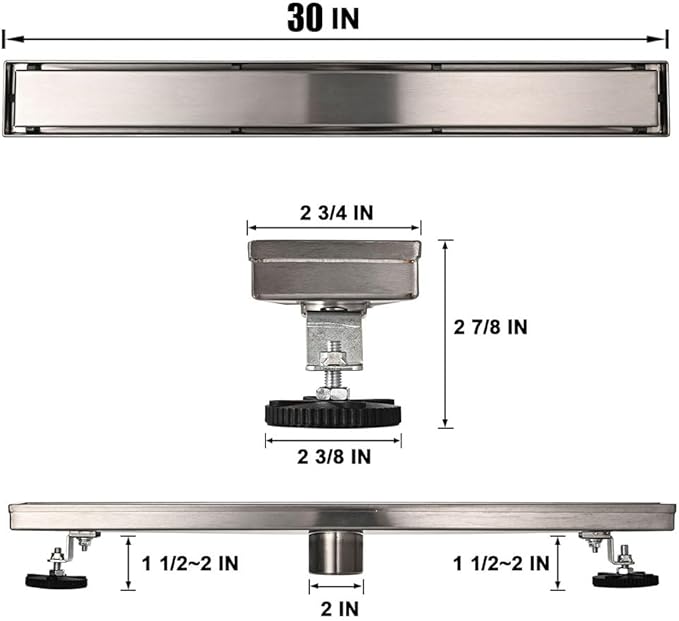 Linear Shower Floor Drain, 30 Inch Brushed Nickel 304 Stainless Steel Bathroom Drains Kit, Rectangular Shower Trench Drain with Reversable Tile-in Pattern Drain Cover & Hair Catcher