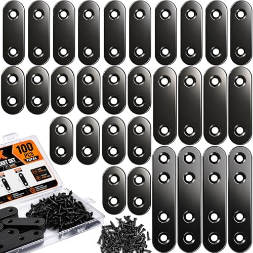 100PCS Stainless Steel Mending Plate,Heavy Duty Straight Metal Mending Plates, 4 Sizes (1.4”-2.7”) Flat Brackets for Wood Repair, Furniture, Joining, DIY Projects