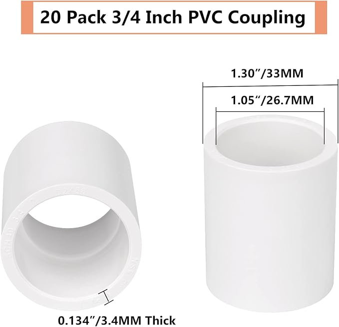20 Pack 3/4" PVC Pipe Coupling Adapter Pipe Fittings (Socket x Socket) Contractor Pack Schedule 40 Heavy Duty 3/4 Inch PVC Slip Socket Connectors for DIY PVC Shelf Garden Support Structure, White