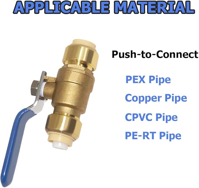 Hooshing 1/2 Inch Push-Fit Full Port Ball Valve Shut Off Water Valve Push-to-Connect, PEX, Copper, CPVC, PE-RT, Solid Brass, Blue