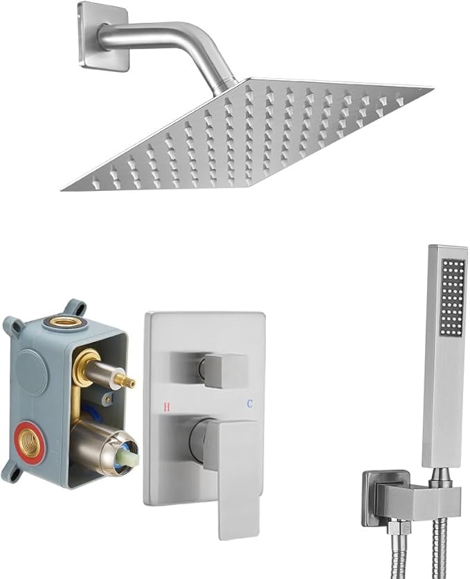Shower System Brushed Nickel Bathroom Rainfall Shower Faucet Set Complete Wall Mounted 8 Inch Shower Head and Handle Set with Rough-in Valve Body and Trim Kit