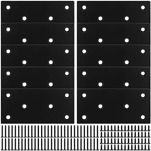 Mending Plate, Metal Steel Flat Straight Brace Bracket, Black Double-Wide Joining Plate for Wood Furniture Fastening & Fixing with 2 Sets of Screws of Different Lengths(48x100mm, 10 Pack)