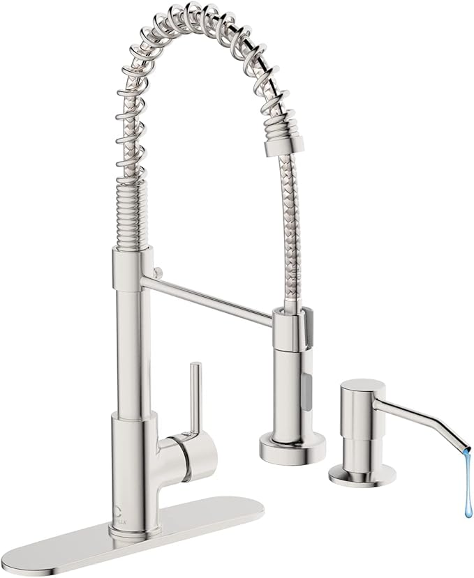 Kitchen Faucet Set, Commercial Kitchen Sink Faucets with Pull Down Sprayer and Soap Dispenser, Stainless Steel Faucets for Kitchen Sinks, Single Handle Spring Faucet with Deck Plate