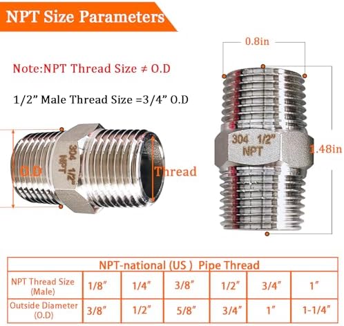 4PCS Hex Stainless Steel Nipple 1/2"NPT Male X 1/2" NPT Male Pipe Fitting 1/2 inch Stainless Steel Pipe Nipples Male Pipe Adapter Fittings Heavy Equal Nipples Connectors