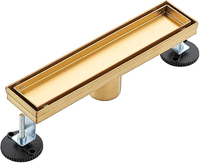 12 inch Linear Shower Drain with Removable Square Hole Panel by Using Brushed 304 Stainless Steel Process, Linear Drain Equipped with Adjustable Feet and Hair Strainer(Brushed Gold Color)