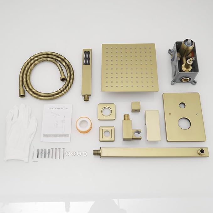 Brushed Gold Shower System Bathroom Luxury Rain Mixer Shower Combo Set Wall Mounted Rainfall Shower Head System Shower Faucet Rough-in Valve Body and Trim Kit