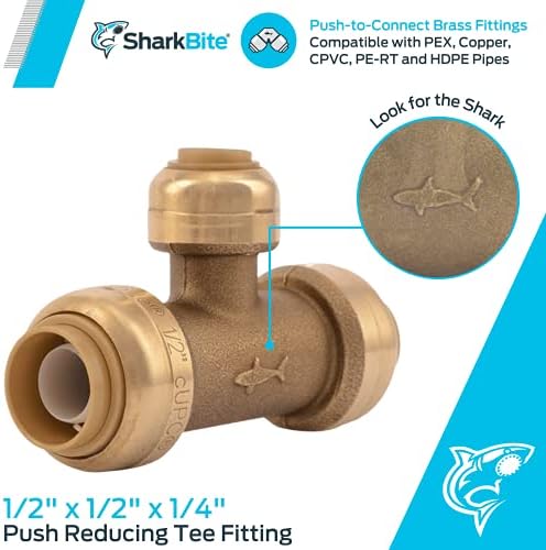 SharkBite 1/2 Inch x 1/2 Inch x 1/4 Inch (3/8 Inch OD) Reducing Tee, Push To Connect Brass Plumbing Fitting, PEX Pipe, Copper, CPVC, PE-RT, HDPE, U359LFA