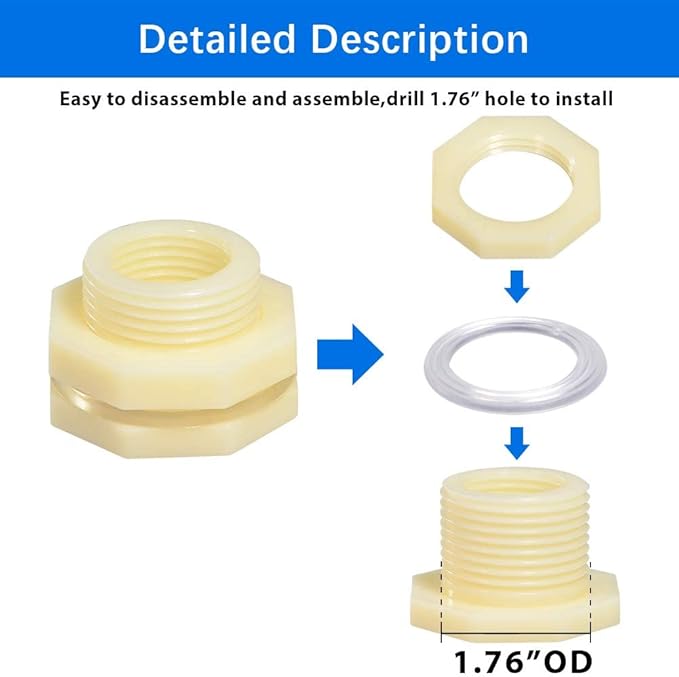 Quickun 1" ABS Bulkhead Water Tank Connector Adapter Fitting with Plugs Thru-Bulk Pipe Fitting (Set of 2)