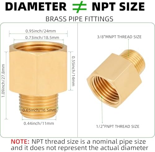 Brass Pipe Fitting,3/8 Inch NPT Male to 1/2 Inch NPT Female Brass Pipe Hose Tube Fitting Hex Head 3/8'' Male NPT to 1/2'' Female NPT Reducer Adapter 5pcs(3/8 npt male x 1/2 npt female)