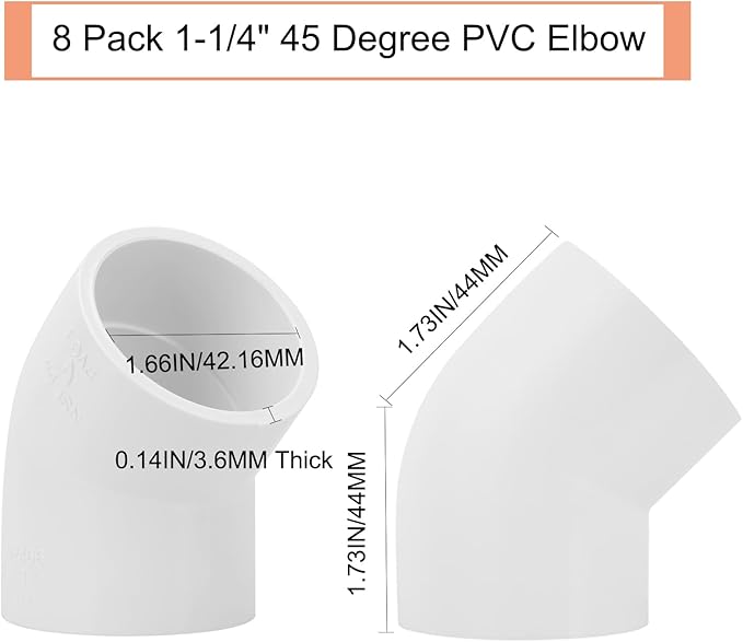 8Pack 1-1/4" 45 Degree PVC Elbow Pipe Fitting Connector (Socket x Socket) Furniture Build Grade SCH40 1.25 Inch 45 Degree Elbow PVC Corner Adapter for Home Sewer Plumbing Water Line