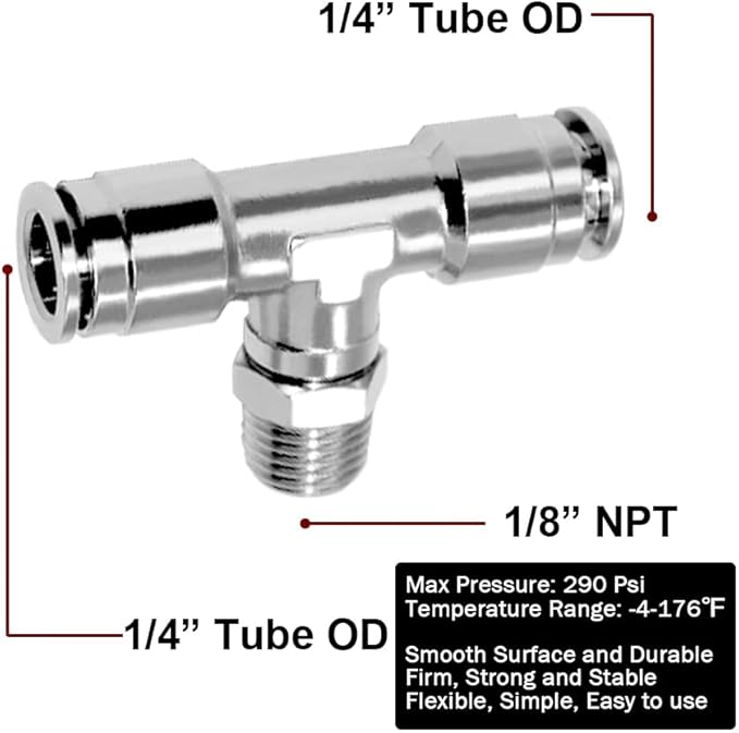 Beduan Push to Connect Tube Fitting Union Tee, Copper Nickle-Plated 1/4" Tube OD x 1/8" NPT Male Thread Shaped Union Adapter Fitting (Pack of 2)