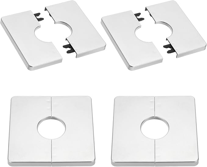 PATIKIL Wall Split Flange 86mm / 3.4" OD, 4 Pcs Square Escutcheon Plate Cover PPR Plumbing Cover Plates with Self-Adhesive Tape for 27mm / 1.1" Dia Water Pipe Faucet, Silver