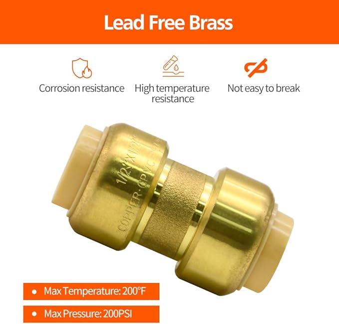 2 Pack Push-to-Connect Plumbing Fittings, 1/2" Pushfit Straight Fittings with Disconnect Clip for Copper, PEX, CPVC Pipe