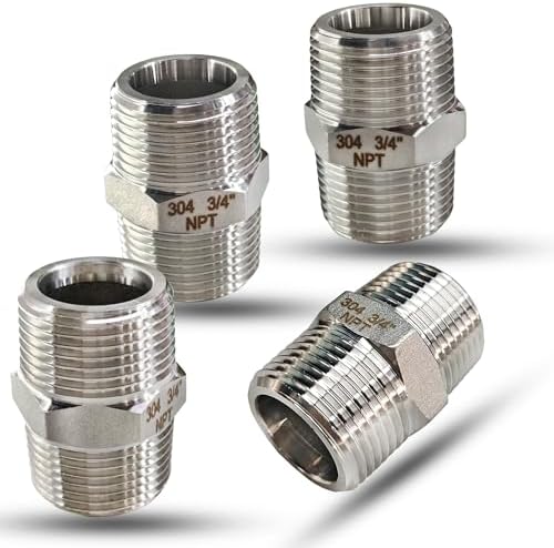 3/4" NPT Male Hex Nipple Pipe Fittings, 304 Stainless Steel 3/4 inch Threaded Pipe Adapter Fittings Equal Nipples Connectors, 4pcs Male Straight Connector Pipe Fitting