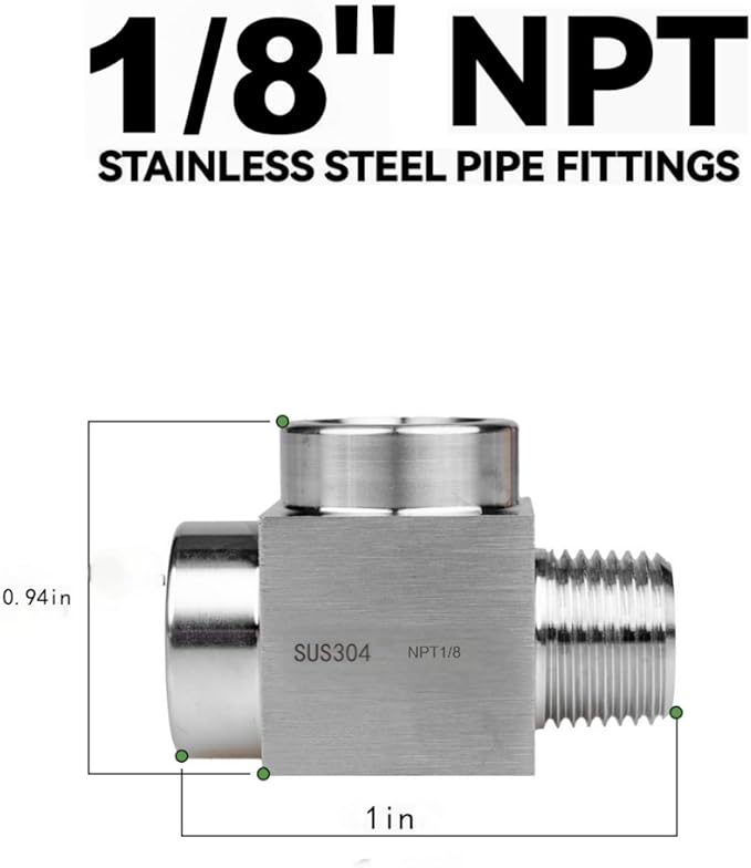1 piece 1/8 npt tee Fittings, npt 1/8 tee Female to Male, 3Way Connector, Fabricate of 304 Stainless Steel.