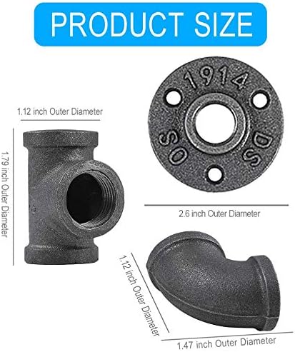 30 Pack 1/2 Inch Cast Iron Pipe Fittings (10 Elbows, 10 Tees, 10 Flange), DIY Steampunk Industrial Vintage Style.