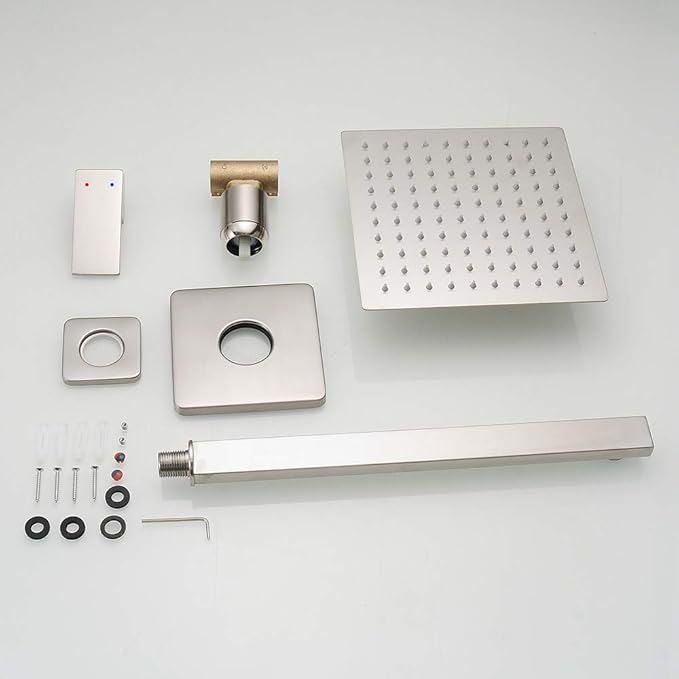 Shower Faucet Set Brushed Nickel, Single Function Shower Trim Kit with Rough-in Valve, Square Rain Shower Head System Included Extra Long Shower Arm for Bathroom