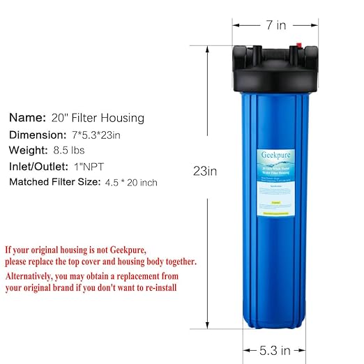 Geekpure 20 Inch Whole House Water Filter Housing-1" NPT Brass Port -Fit 4.5" x 20" Filter -Blue(1)