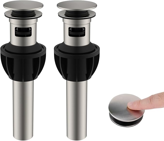 Hibbent 2 Pack Metal Bathroom Sink Drain with Overflow, Push and Seal Pop Up Drain Stopper, Stainless Steel Vessel Lavatory Vanity Sink Drain Stopper, Anti-Clogging Strainer, Brushed Nickel