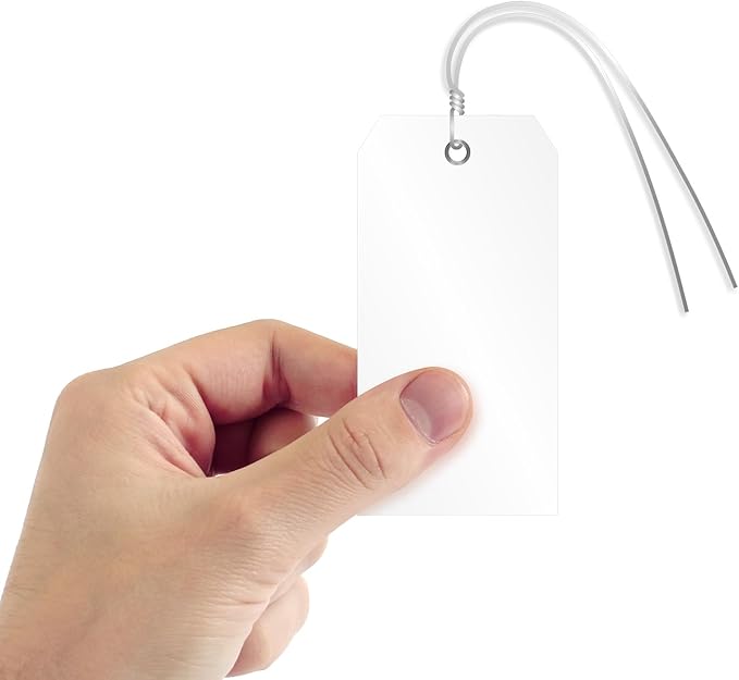 SmartSign White Plastic Tags with Pre-Attached Wires - 100-Pack, 4.75" x 2.375", Size#5, 10 mil Thick Tear-Proof Polylith Plastic Tags with Metal Eyelet, Writable Blank Tags for Shipping, Labeling