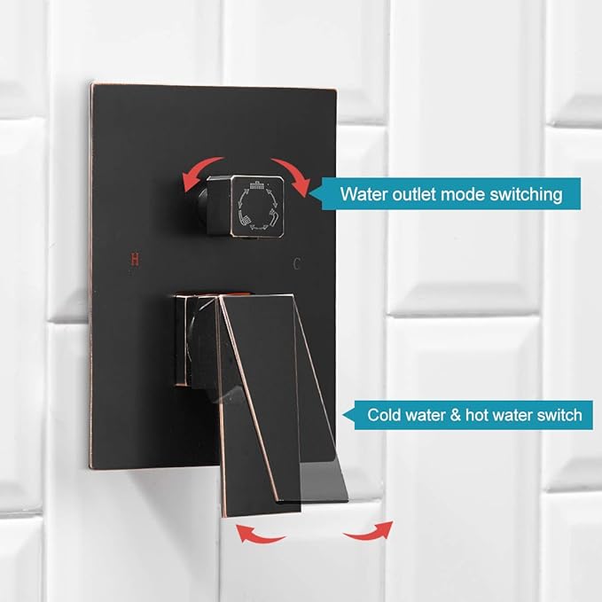 BWE 12 Inch Oill Rubbed Bronze Shower System Faucet Waterfall Tub Complete with Spout Set Square Luxury Rain Mixer Pressure Balancing 3-Function Wall Mount Rainfall Rough-in Valve Body and Trim