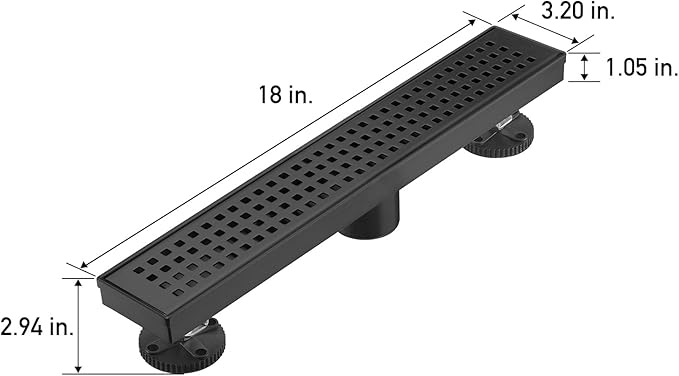 Linear Shower Floor Drain, Matte Black 18 Inch 304 Stainless Steel Bathroom Drains Kit, Long Rectangular Shower Trench Drain with Square Pattern Drain Cover & Hair Catcher