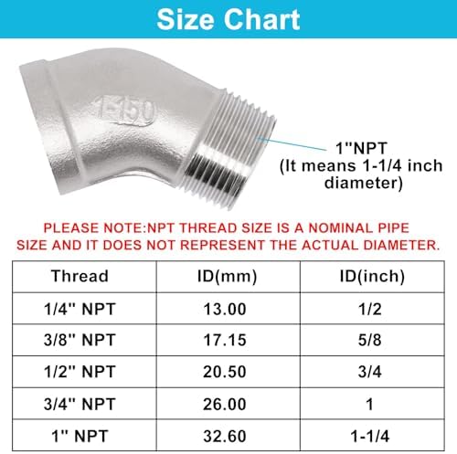 1PCS 45 Degree Elbow Fittings, 1" NPT Male Pipe to 1" NPT Female 304 Stainless Steel Pipe Fitting, Connector Coupler Apply to Outdoor/Garden/Industrial