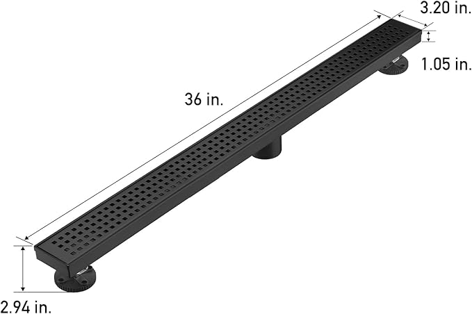 Linear Shower Floor Drain, Matte Black 36 Inch 304 Stainless Steel Bathroom Drains Kit, Long Rectangular Shower Trench Drain with Square Pattern Drain Cover & Hair Catcher
