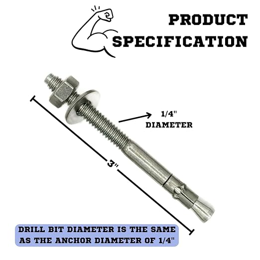 Wedge Anchors – Heavy-Duty 304 Stainless Steel Expansion Bolts for Concrete & Masonry, Rust-Resistant & Durable - 1/4" X 3" - 25 Pack