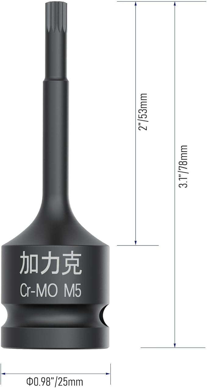 1/2-Inch Drive x M5(5mm） Impact XZN Triple Square Spline Bit Socket, Metric Lengthen Screwdriver Socket Adapter, 3-Inch Length, CR-MO Steel, One-Piece Construction, Black