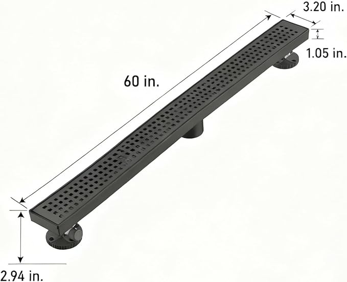 Linear Shower Floor Drain, Matte Black 60 Inch 304 Stainless Steel Bathroom Drains Kit, Long Rectangular Shower Trench Drain with Square Pattern Drain Cover & Hair Catcher