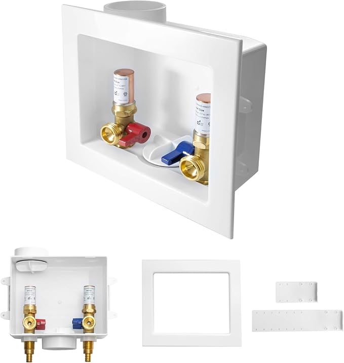 50-PACK GUOFIS Washing Machine Outlet Box with Copper Water Hammer Arrestor, PEX Laundry Washer Box with Central and Side Drain Design(1/2"PEX Crimp Connection Inlet X 3/4"MHT Outlet)(WM012-50Pack)