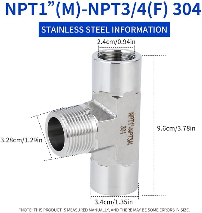 2 piece,NPT3/4 Female - NPT1" Male - NPT3/4 Female tee, 3WayConnector, Fabricate of 304 Stainless Steel.