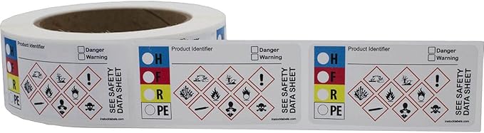 Small Write-On GHS and HMIG Combo Label with GHS Hazard Symbols, 1.5 x 3 Inch Rectangles, 500 Total Labels per Roll