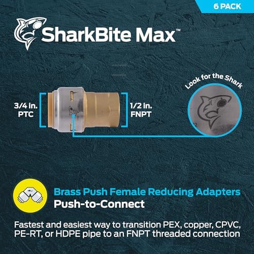 SharkBite Max 3/4 x 1/2 Inch FNPT Reducing Adapter, Pack of 6, Push-to-Connect Brass Plumbing Fitting, UR092