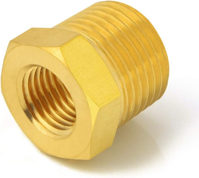 Brass Reducer Hex Bushing, 1/2" Male NPT to 1/4" Female NPT, Reducing Pipe Adapter Fitting (Pack of 5)