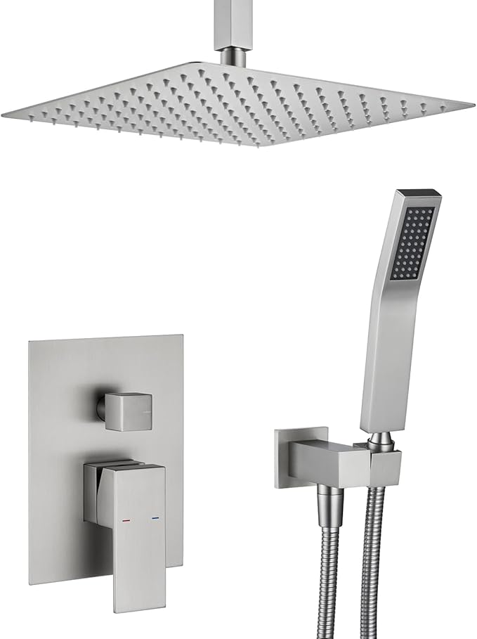 Shower System 12 Inches Rain Shower Combo Set Brushed Nickel Ceiling Mount Shower Faucet Bathroom Faucets with Rainfall Shower Head and Hand Shower