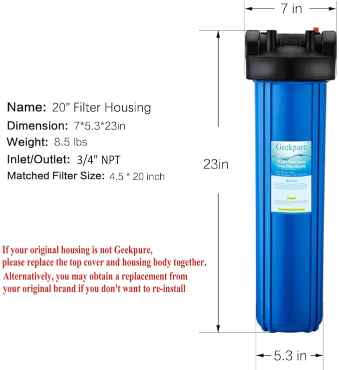 Geekpure 20 Inch Whole House Water Filter Housing 3/4" Plastic Port-Fit 4.5 "x 20" Filters -Pack of 3
