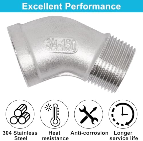 2PCS 45 Degree Elbow Fittings, 3/4" NPT Male Pipe to 3/4" NPT Female 304 Stainless Steel Pipe Fitting, Connector Coupler Apply to Outdoor/Garden/Industrial